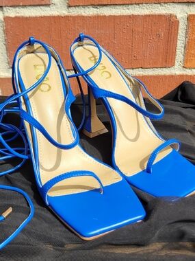 EGO Bright Blue Strappy Square-Toe Lace-Up Heels